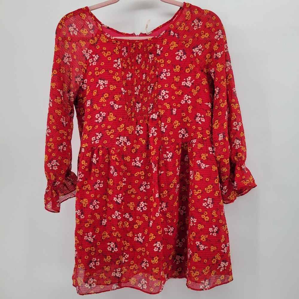 Free people mini dress floral smocked ruffle cuffs size 2